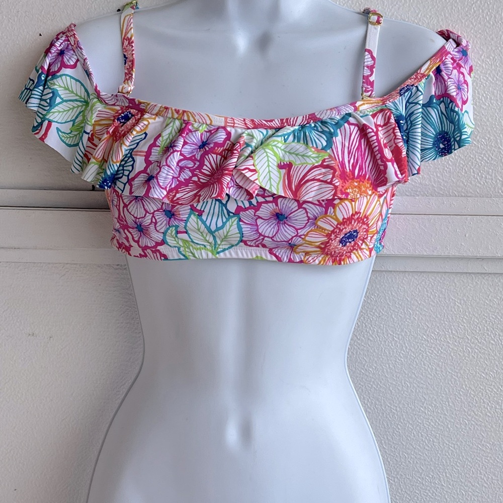 Bleu Rod Beattie Floral Colorful Ruffled Off Shoulder Bandeau Bikini Top Size 8